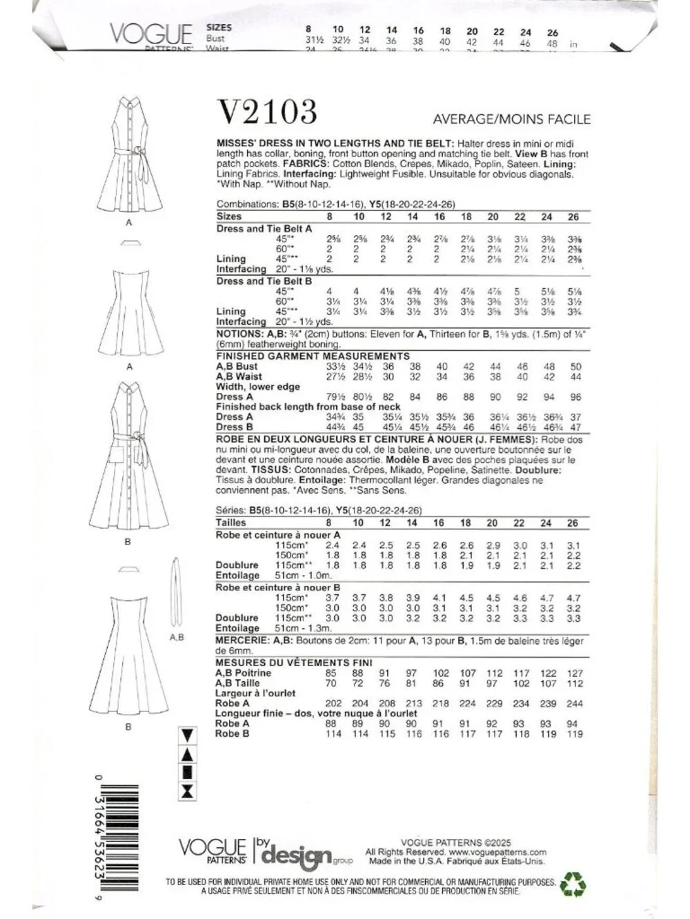 Vogue V2103 Misses 8 to 16 Halter Wrap Dress Uncut Sewing Pattern